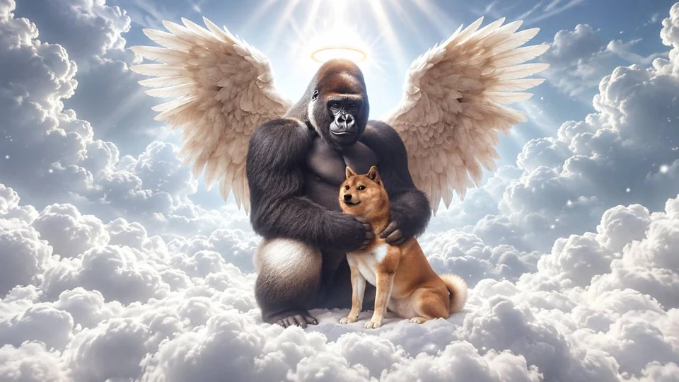 Harambe with angel wings holding Doge in the clouds
